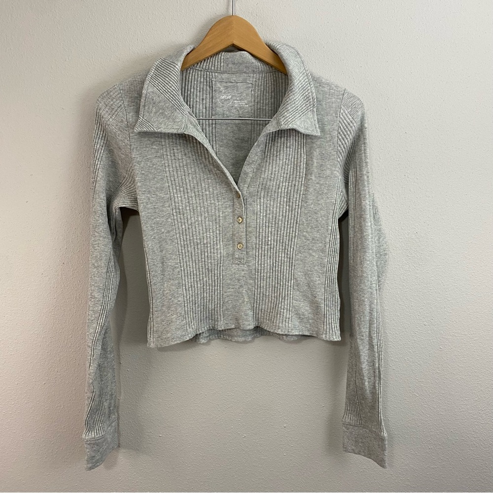 Aerie Grey Ribbed Cropped Henley with Collar Women’s Large